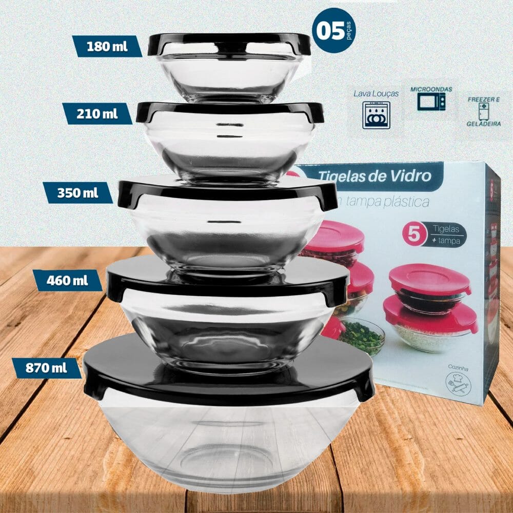 Kit 5 Potes de Vidro com Tampa Preta - Zanatta
