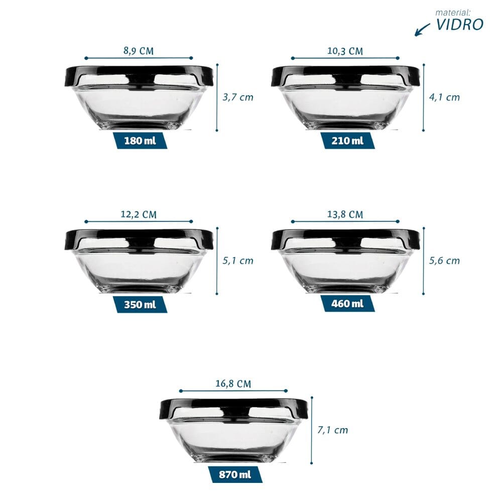 Kit 5 Potes de Vidro com Tampa Preta - Zanatta