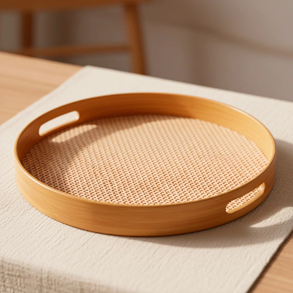 Bandeja Redonda de Bambu com Palhinha Indiana Xadrez Essenza Natural