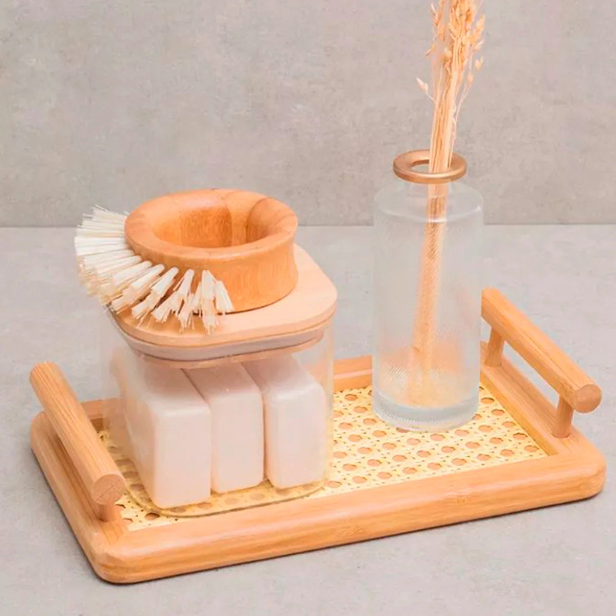 Bandeja Retangular com Alças de Bambu com Palhinha Indiana Essenza Natural