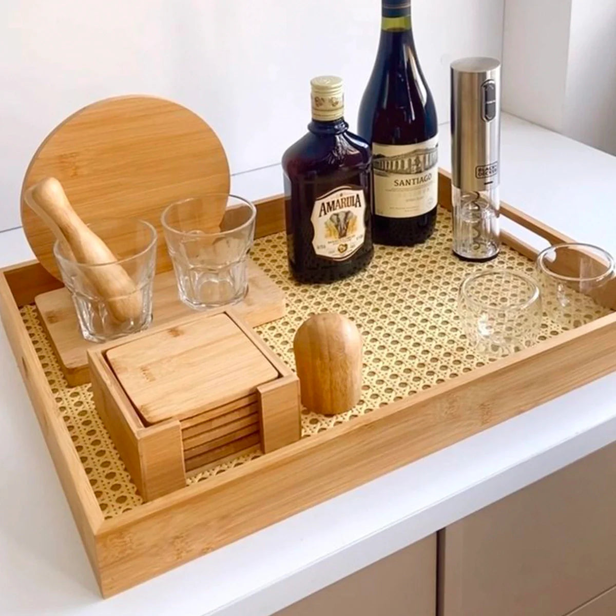 Bandeja Retangular em Bambu e Palhinha indiana Essenza Natural