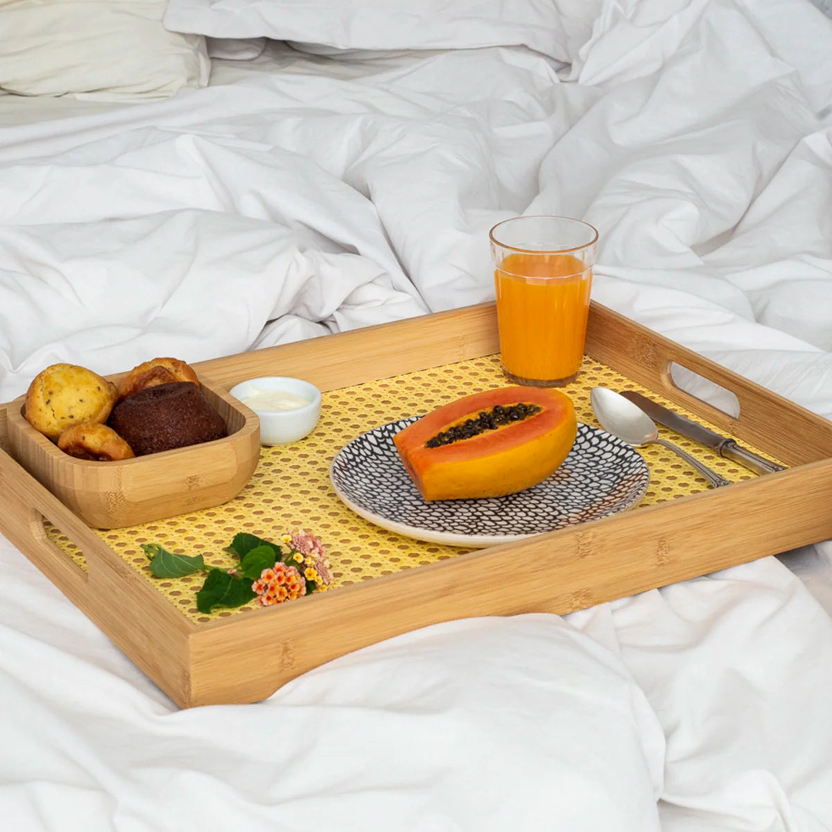 Bandeja Retangular em Bambu e Palhinha indiana Essenza Natural