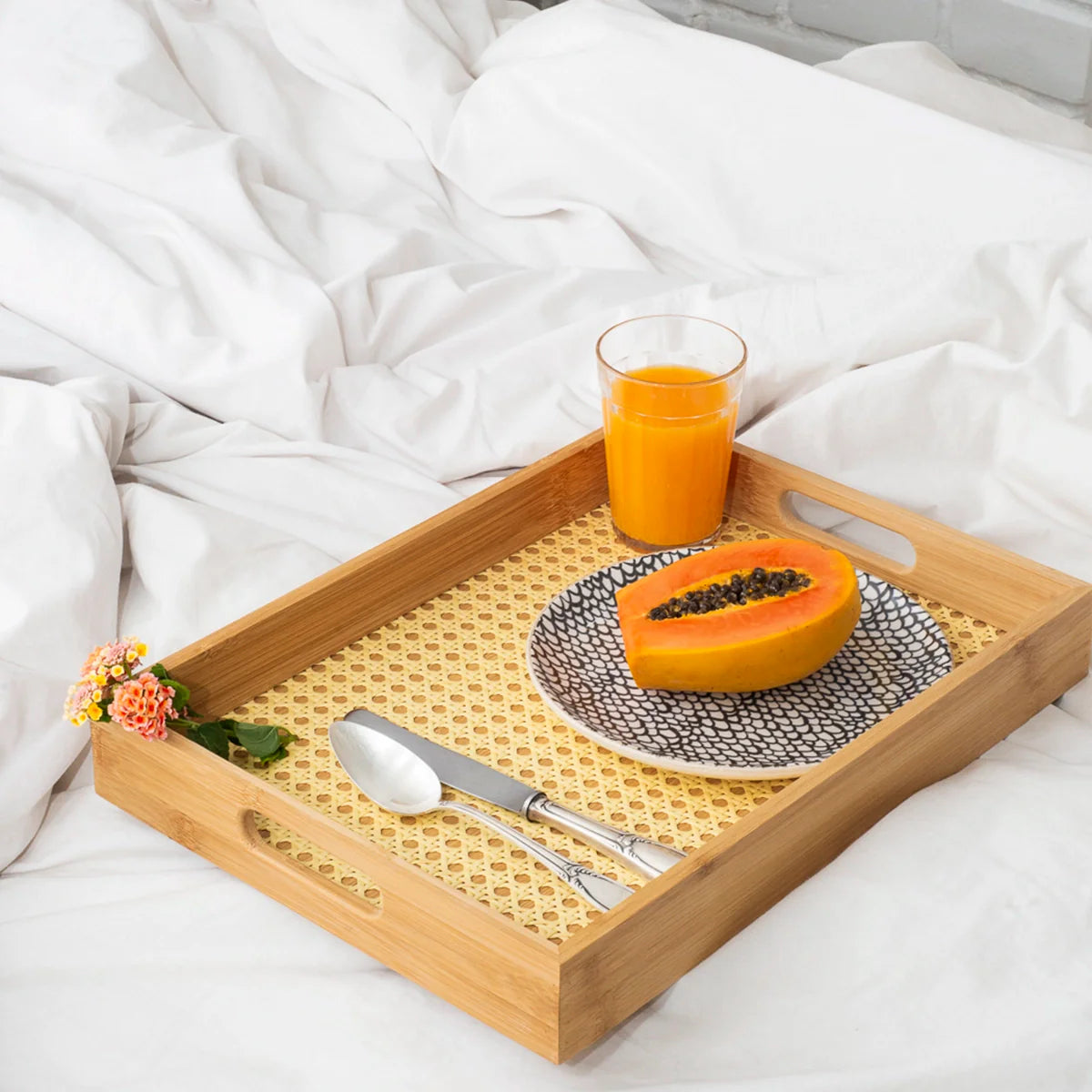 Bandeja Retangular em Bambu e Palhinha indiana Essenza Natural