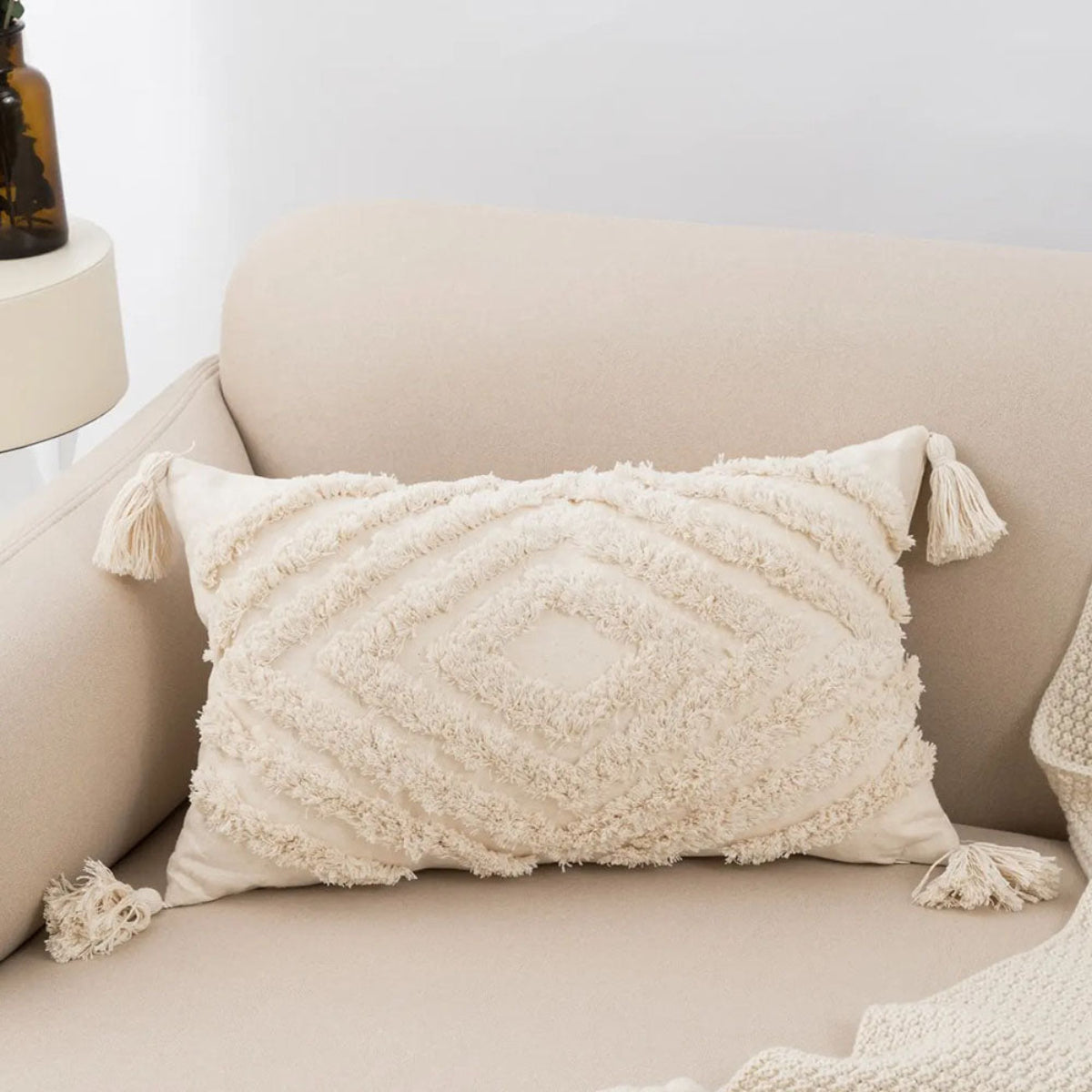 Capa de Almofada Boho Chic com Franja bege