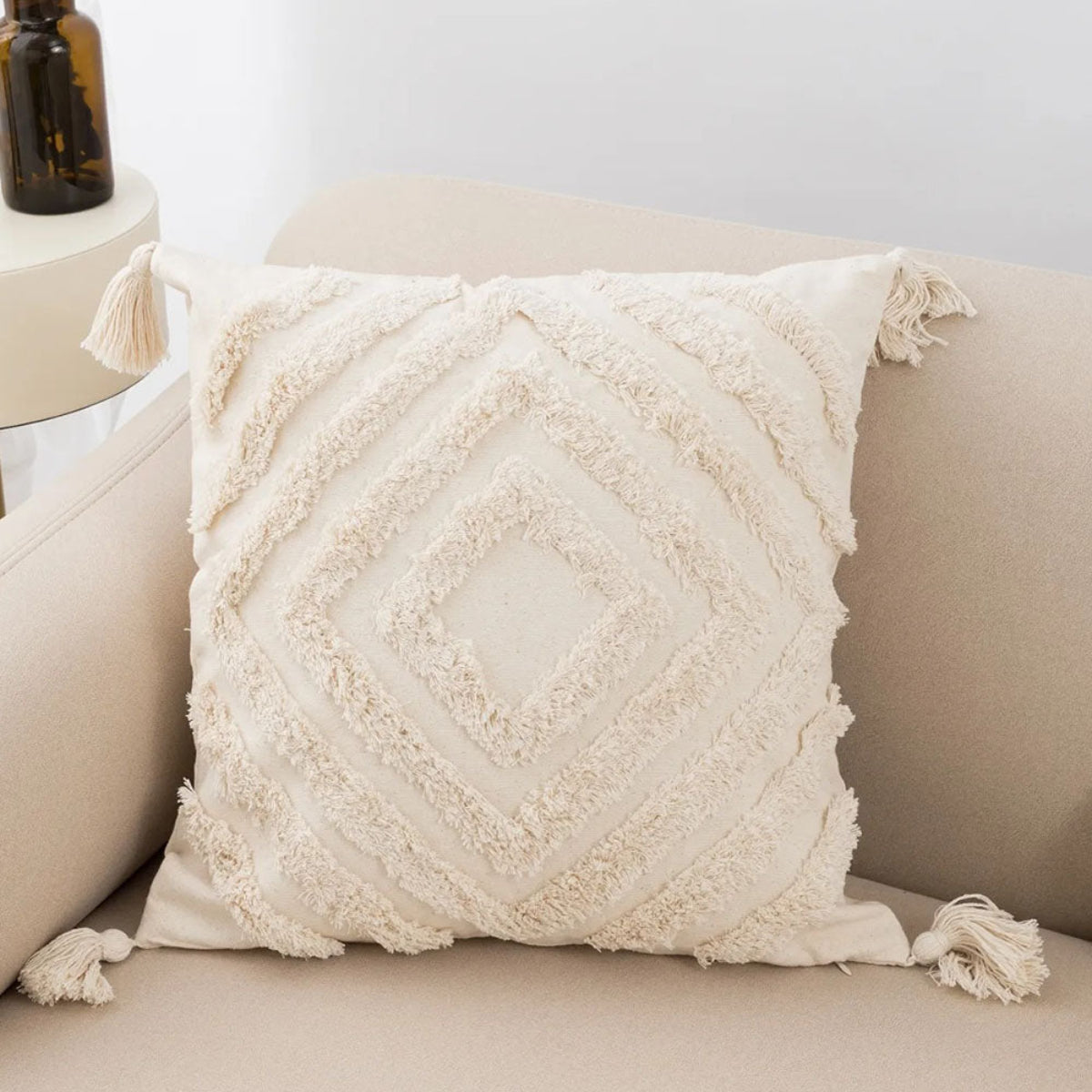 Capa de Almofada Boho Chic com Franja bege