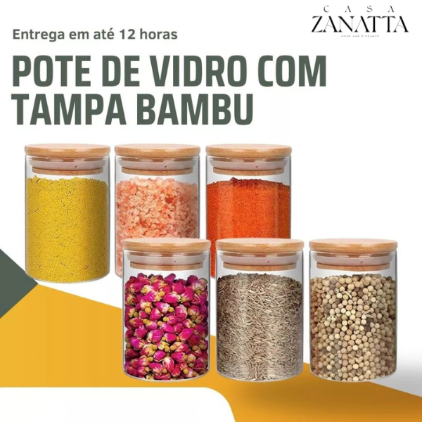 Kit 6 potes de vidro com tampa de bambu 200ml - Zanatta