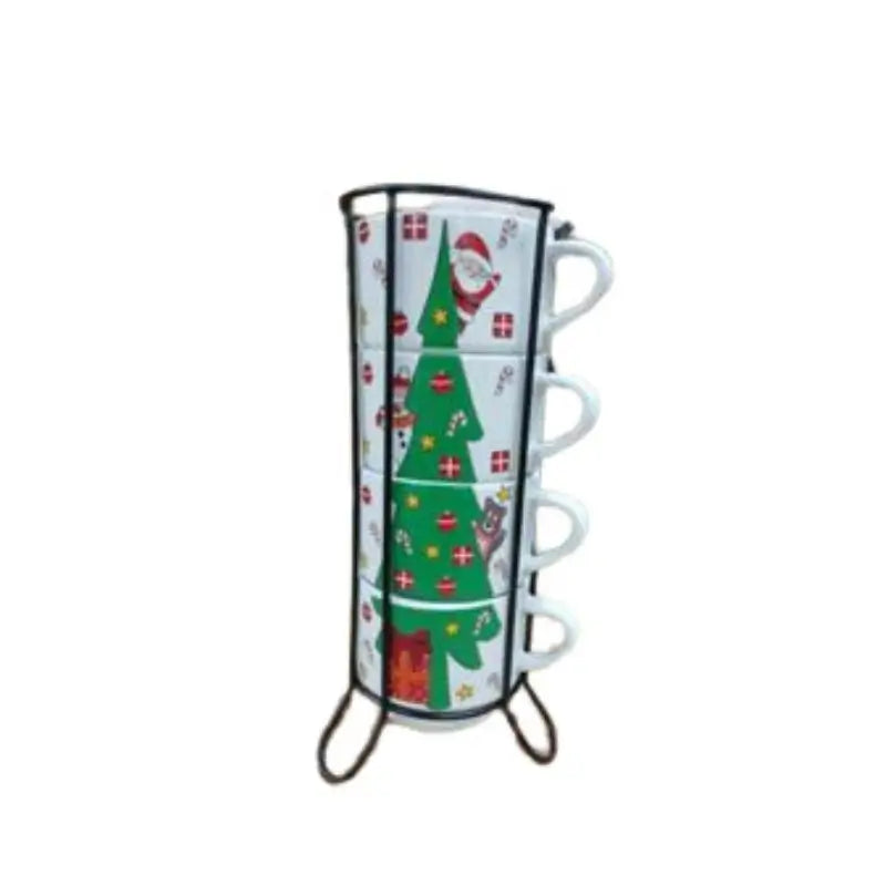 Jogo 4 Xícaras de Porcelana 200ml Natalinas com Suporte