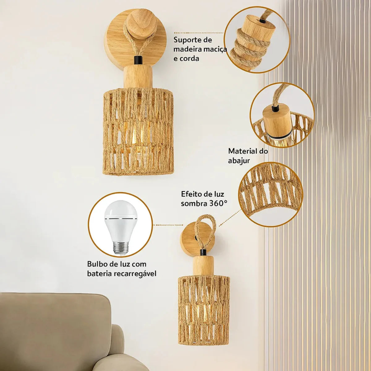 Luminária de Parede Rústica Trançada