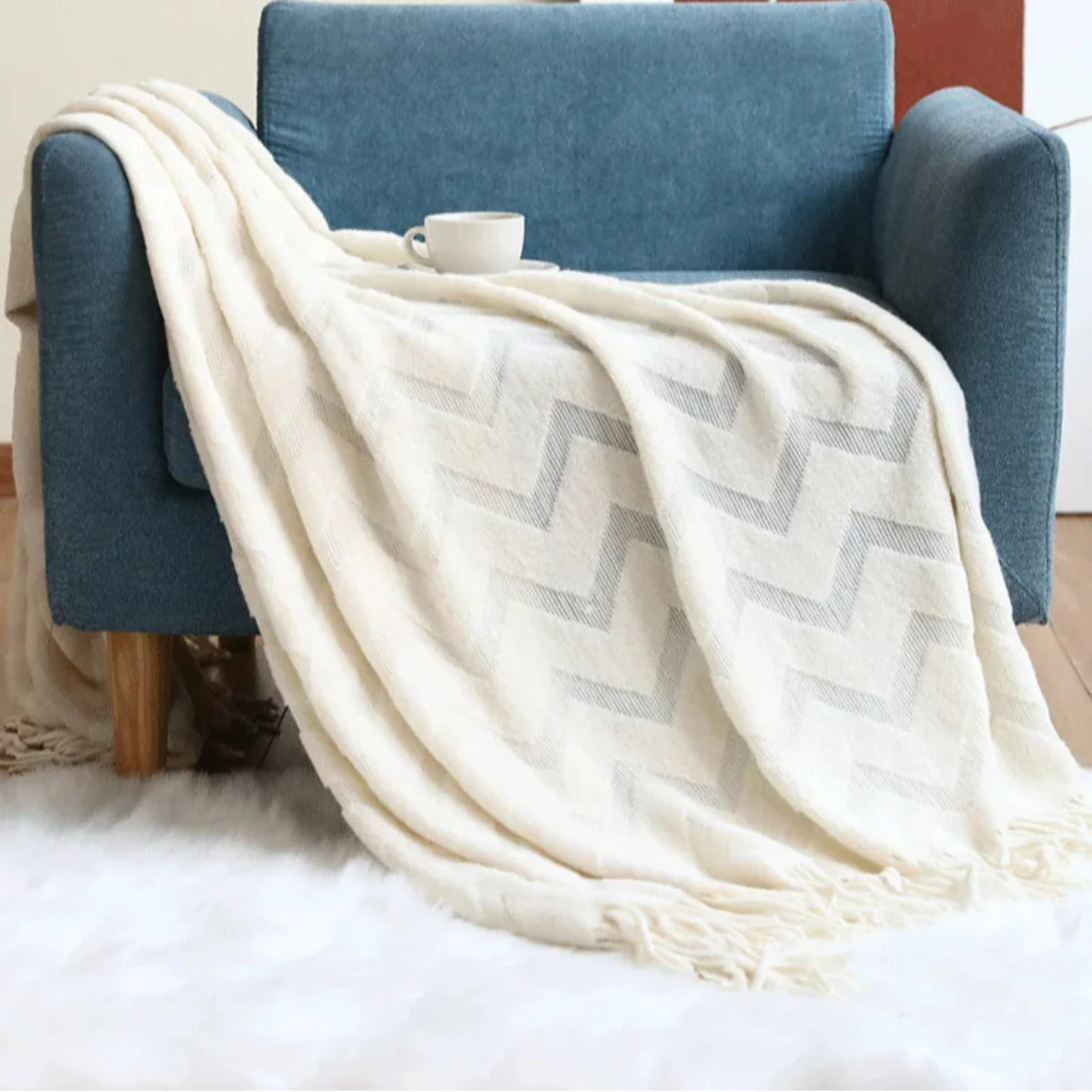 Manta para Sofá De Tricô ZigZag Com Franjas