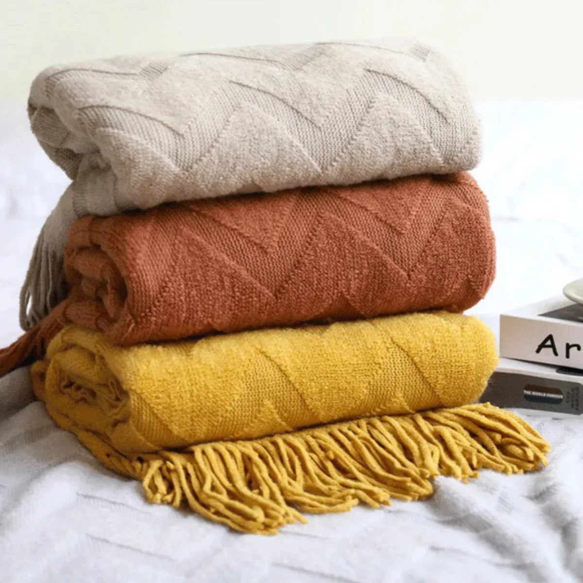 Manta para Sofá De Tricô ZigZag Com Franjas