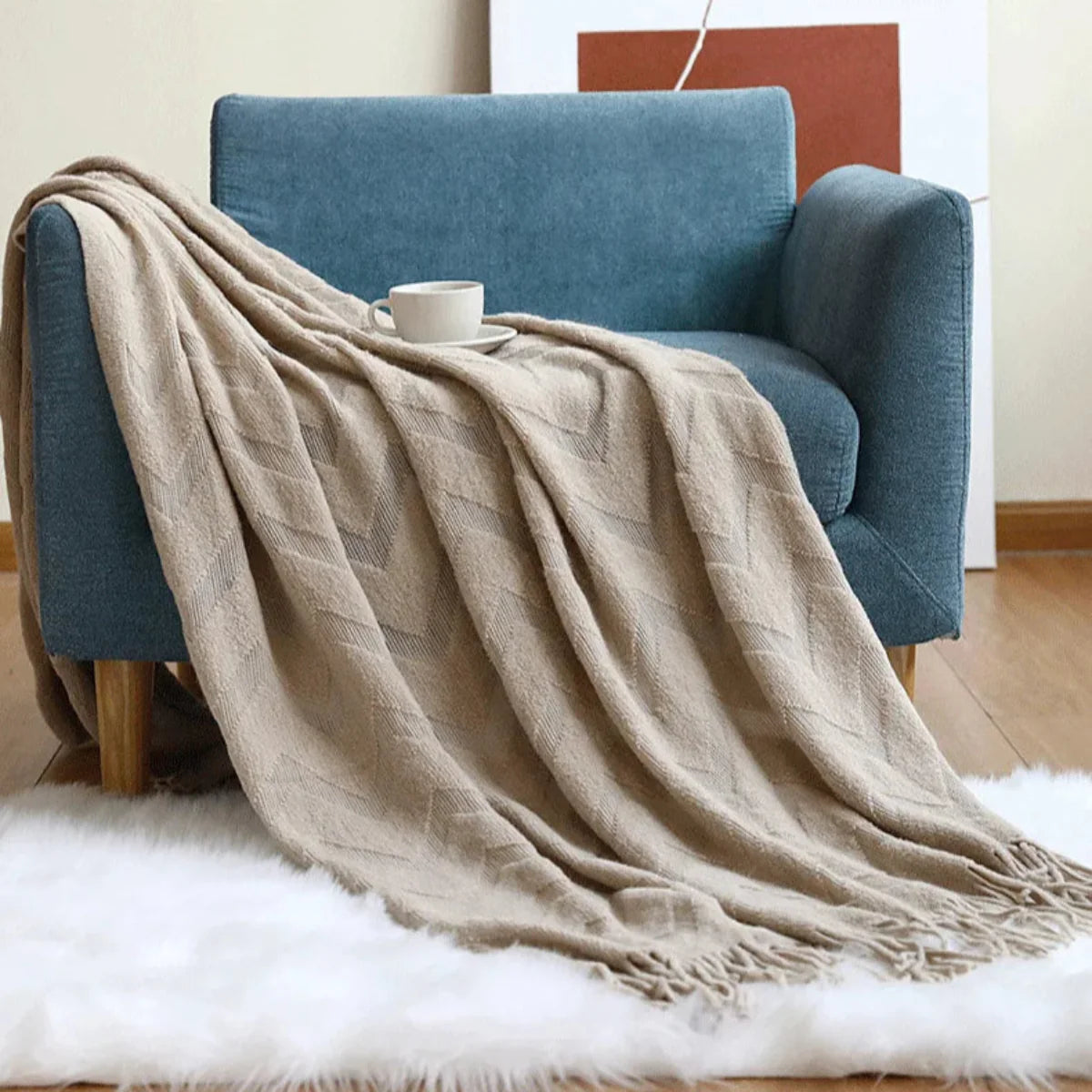 Manta para Sofá De Tricô ZigZag Com Franjas