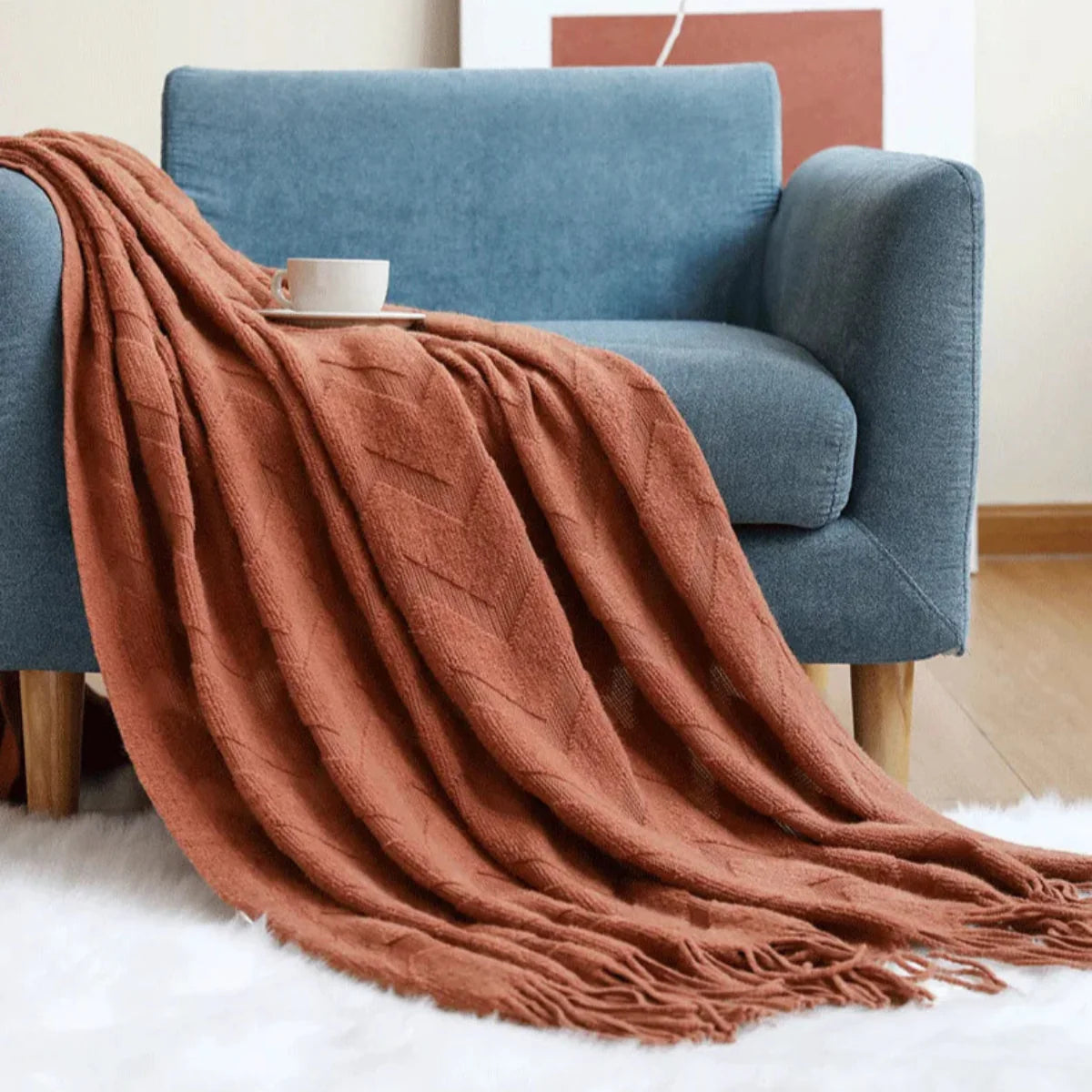 Manta para Sofá De Tricô ZigZag Com Franjas