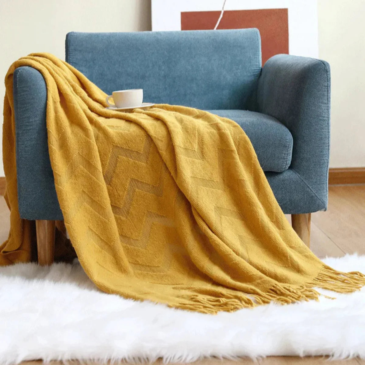 Manta para Sofá De Tricô ZigZag Com Franjas