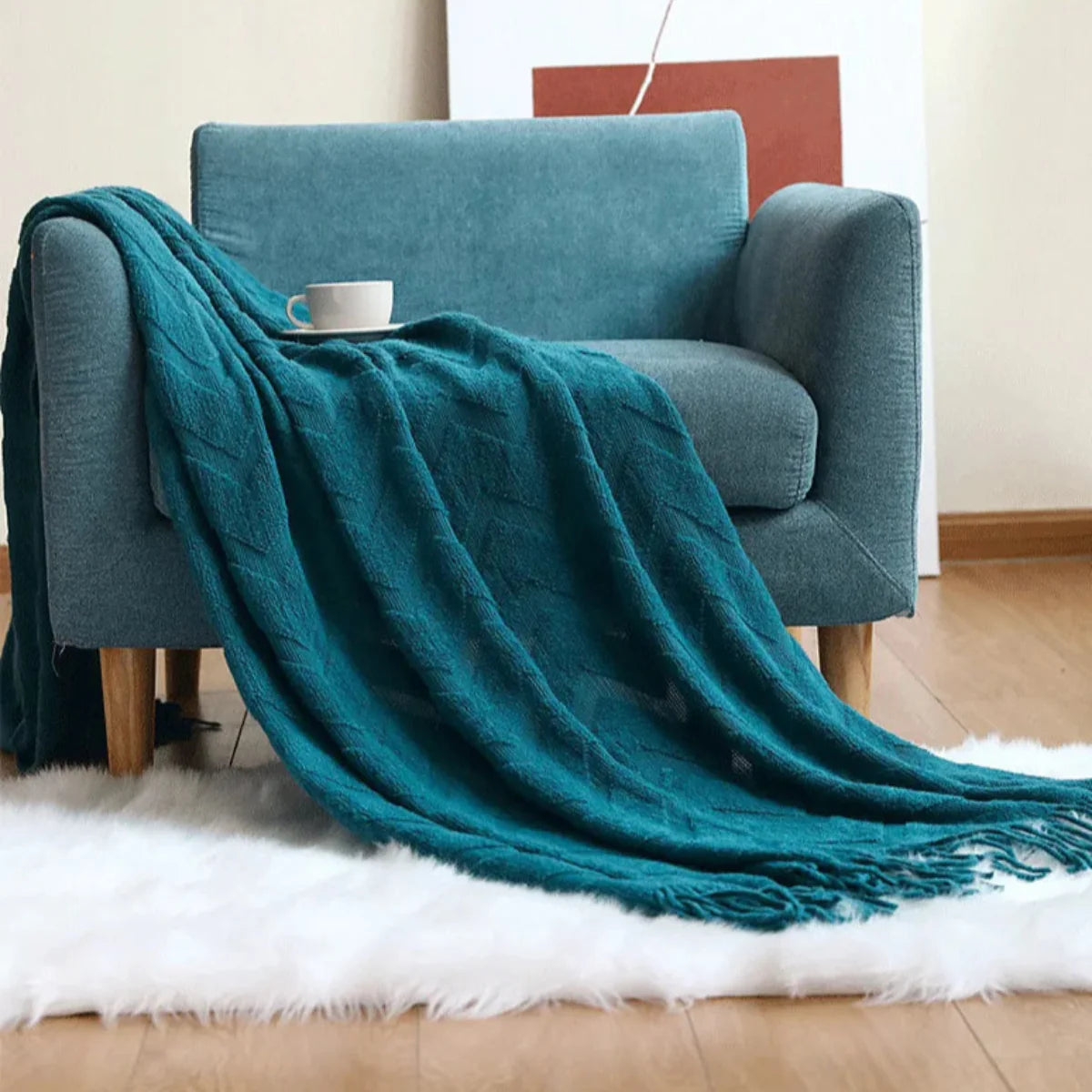 Manta para Sofá De Tricô ZigZag Com Franjas