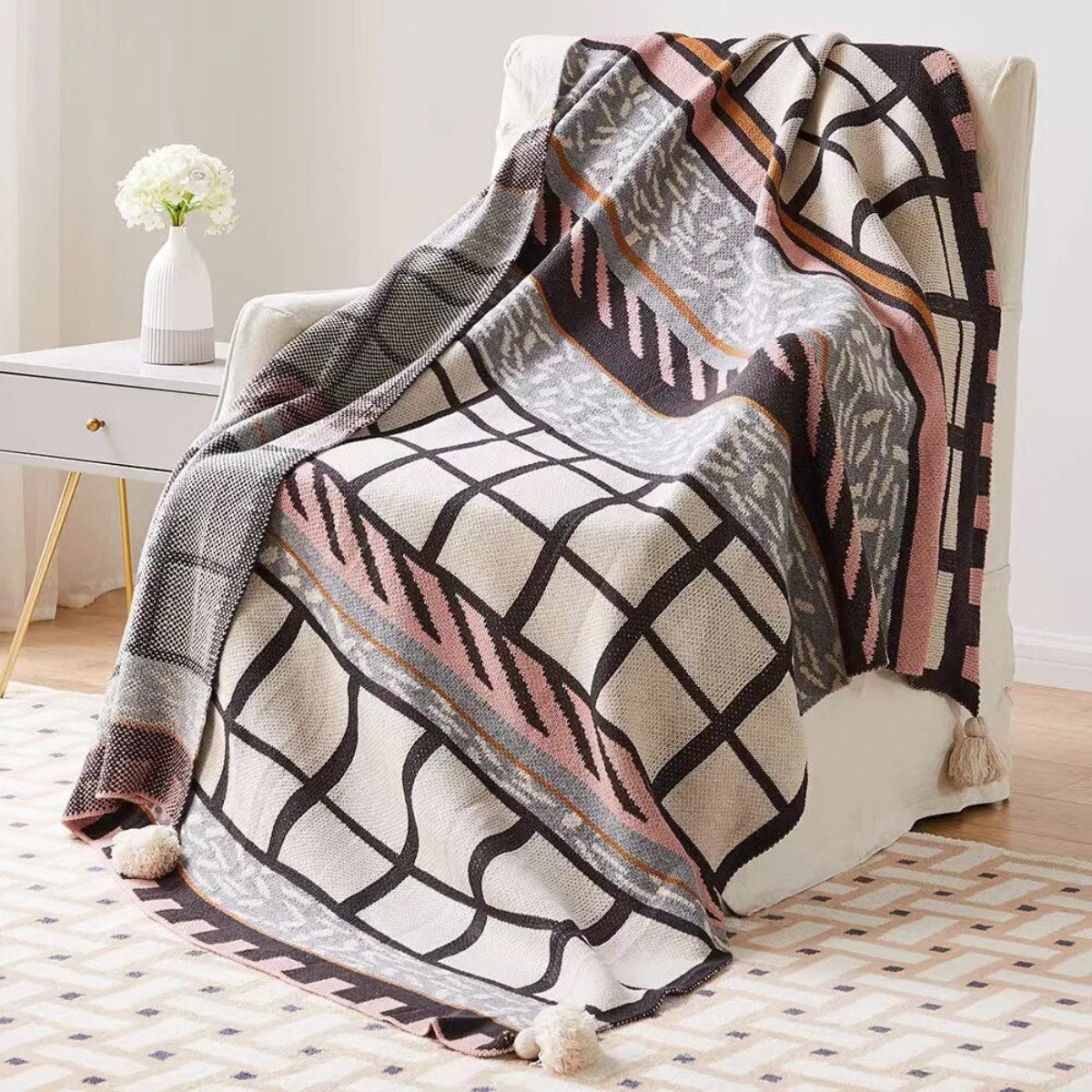 Manta para Sofá Xadrez Boho com Franjas Vintage