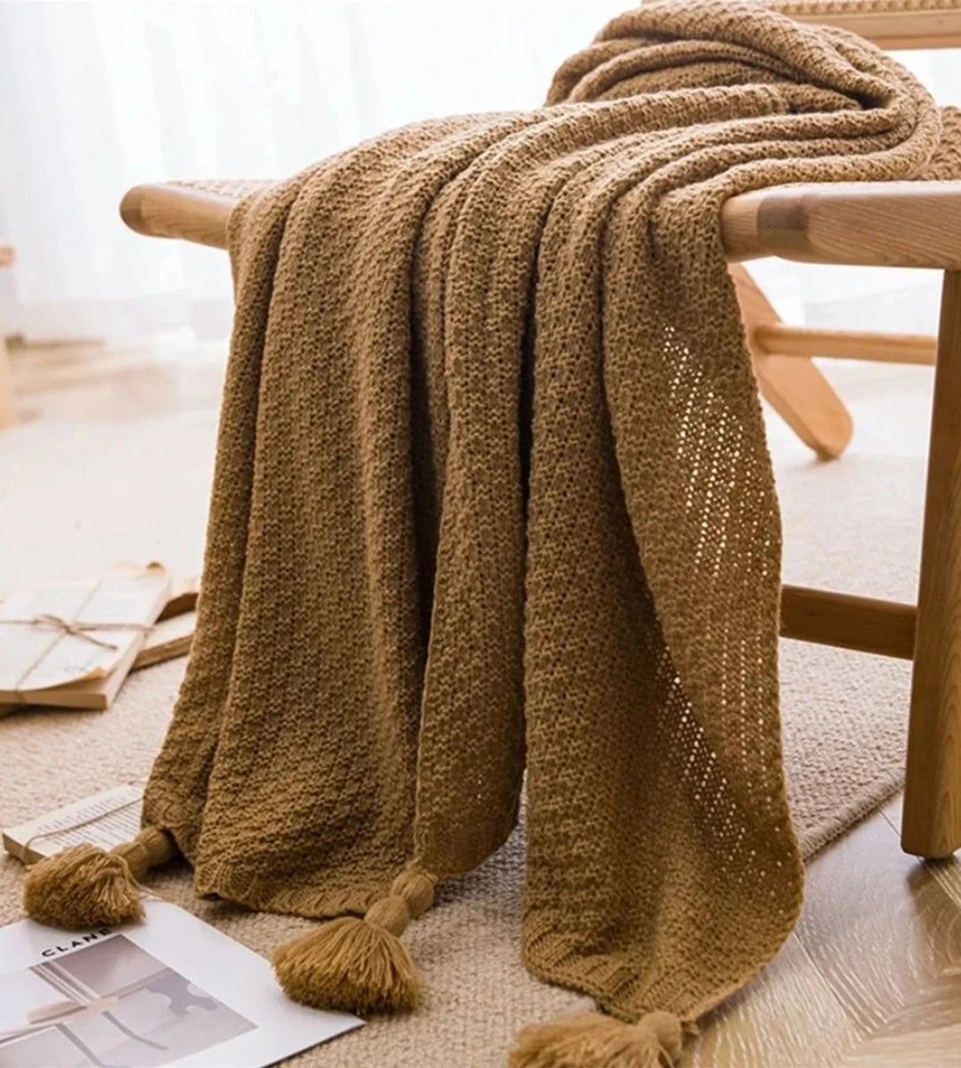 Manta para Sofá de Tricô em Lã Franjas Boho