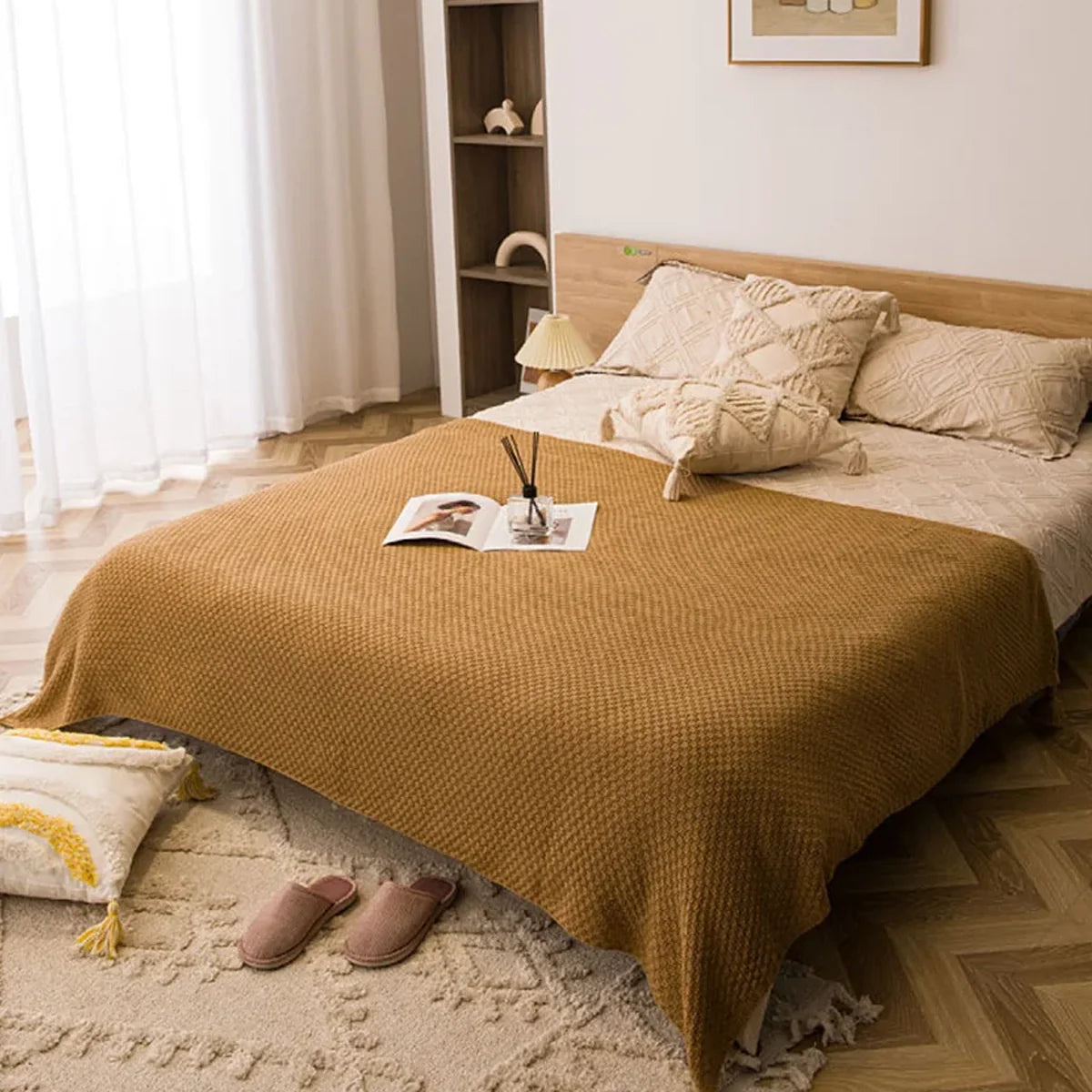 Manta para Sofá de Tricô em Lã Franjas Boho