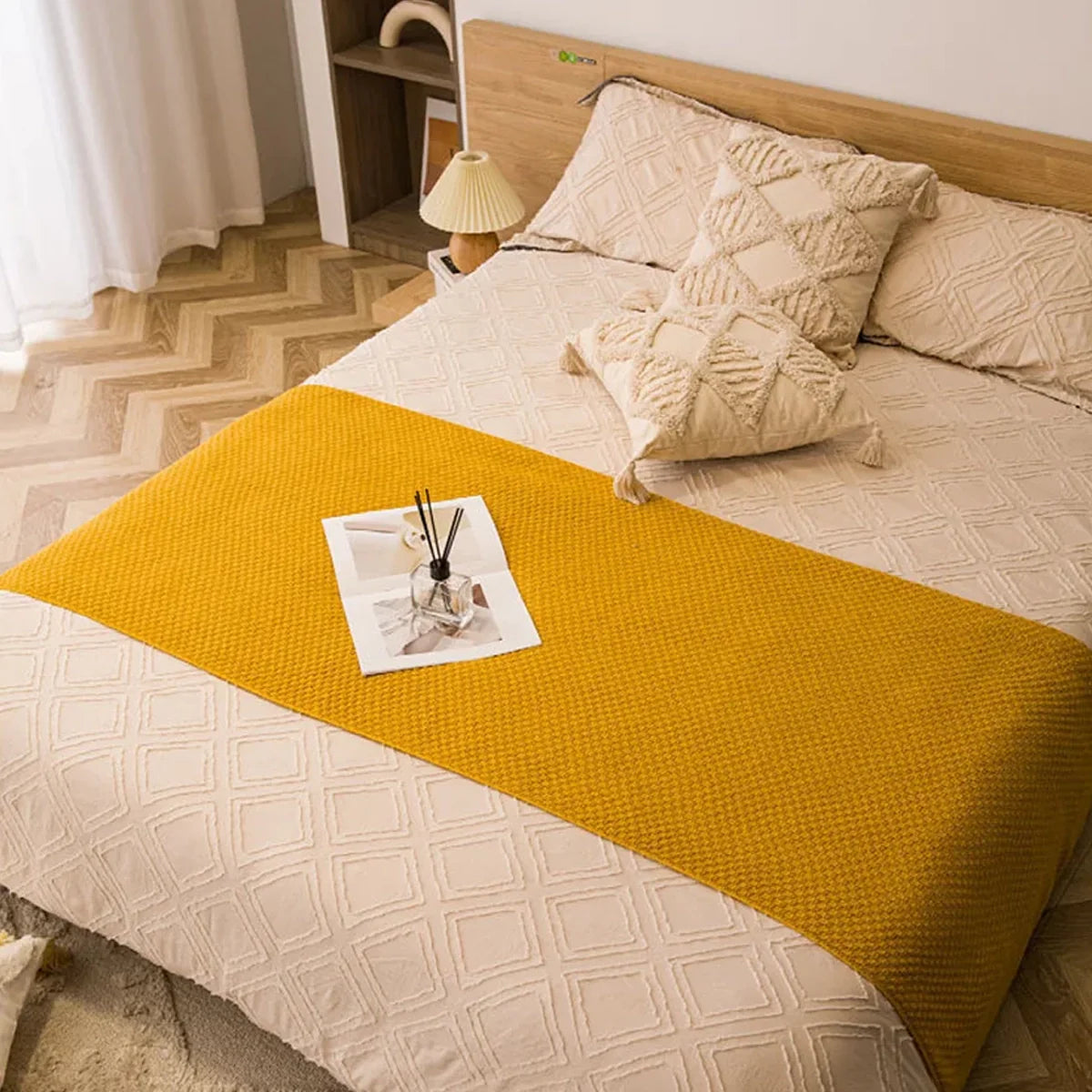 Manta para Sofá de Tricô em Lã Franjas Boho