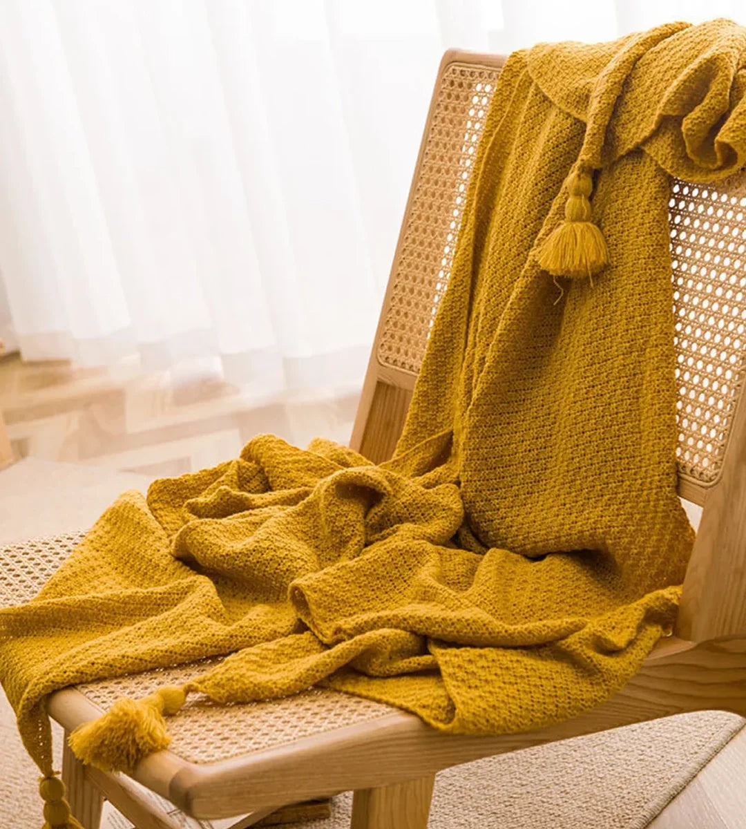 Manta para Sofá de Tricô em Lã Franjas Boho