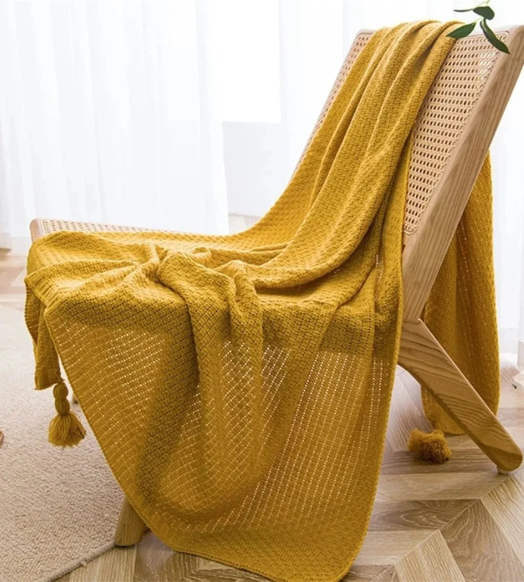 Manta para Sofá de Tricô em Lã Franjas Boho