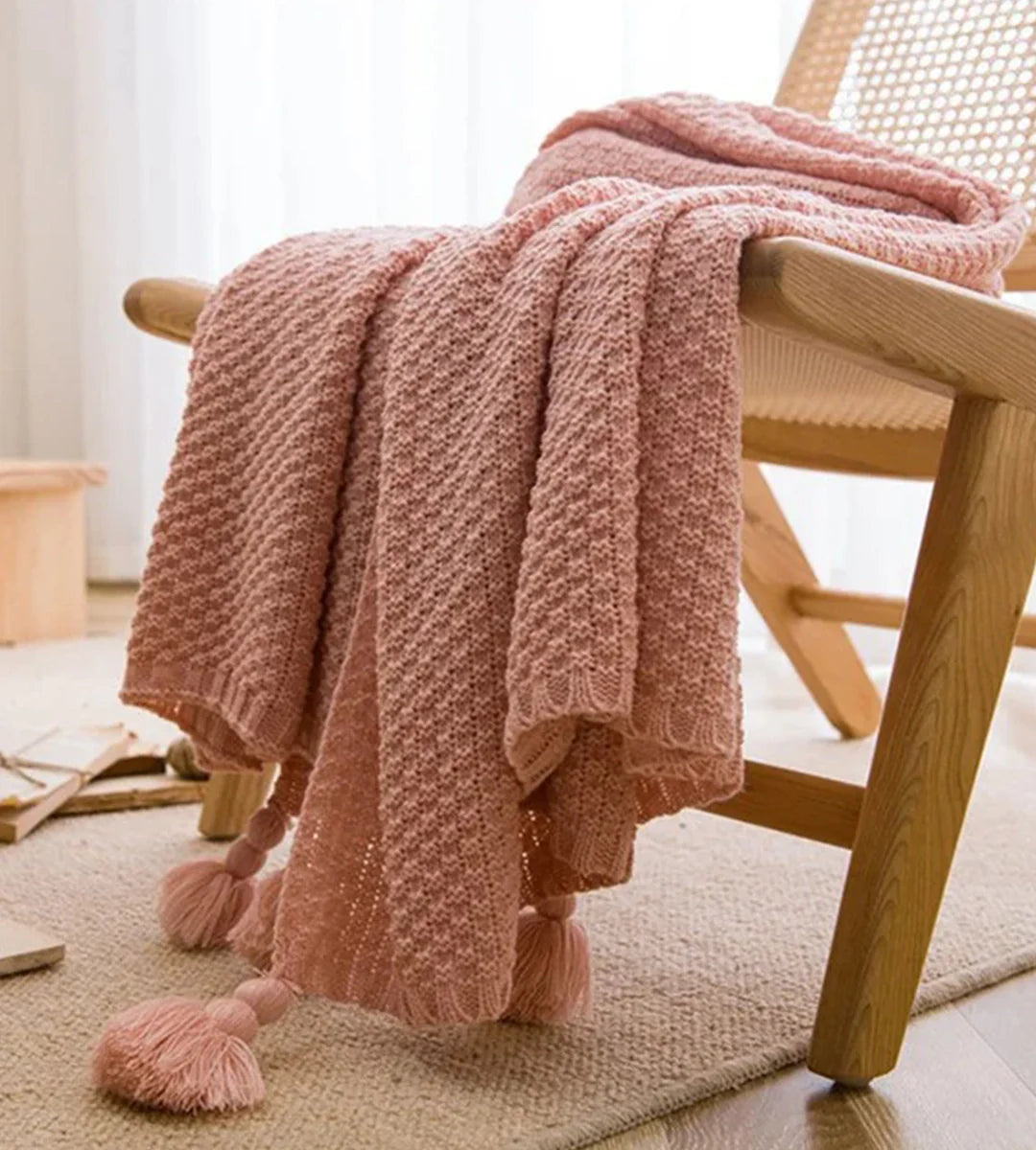 Manta para Sofá de Tricô em Lã Franjas Boho